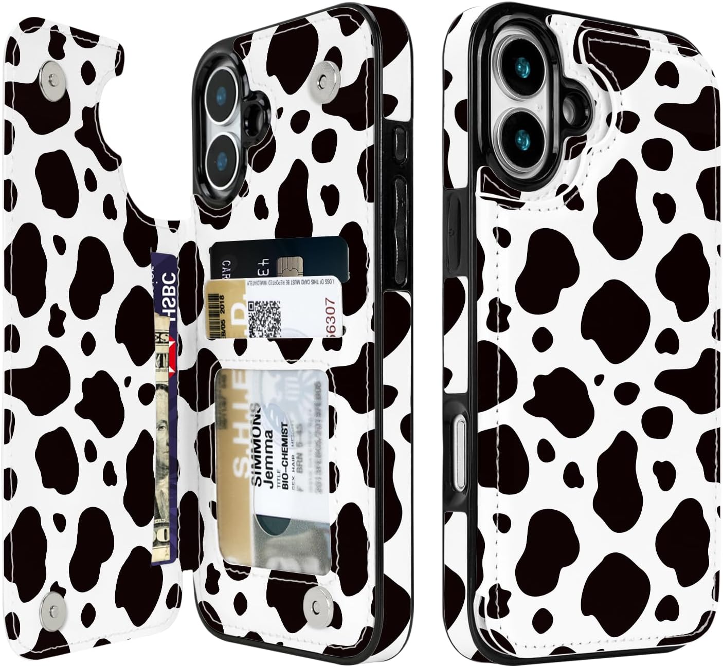 Black & White Cow Print Flip Wallet Case for iPhone 17–14 – Card Holder & Kickstand – product image 2