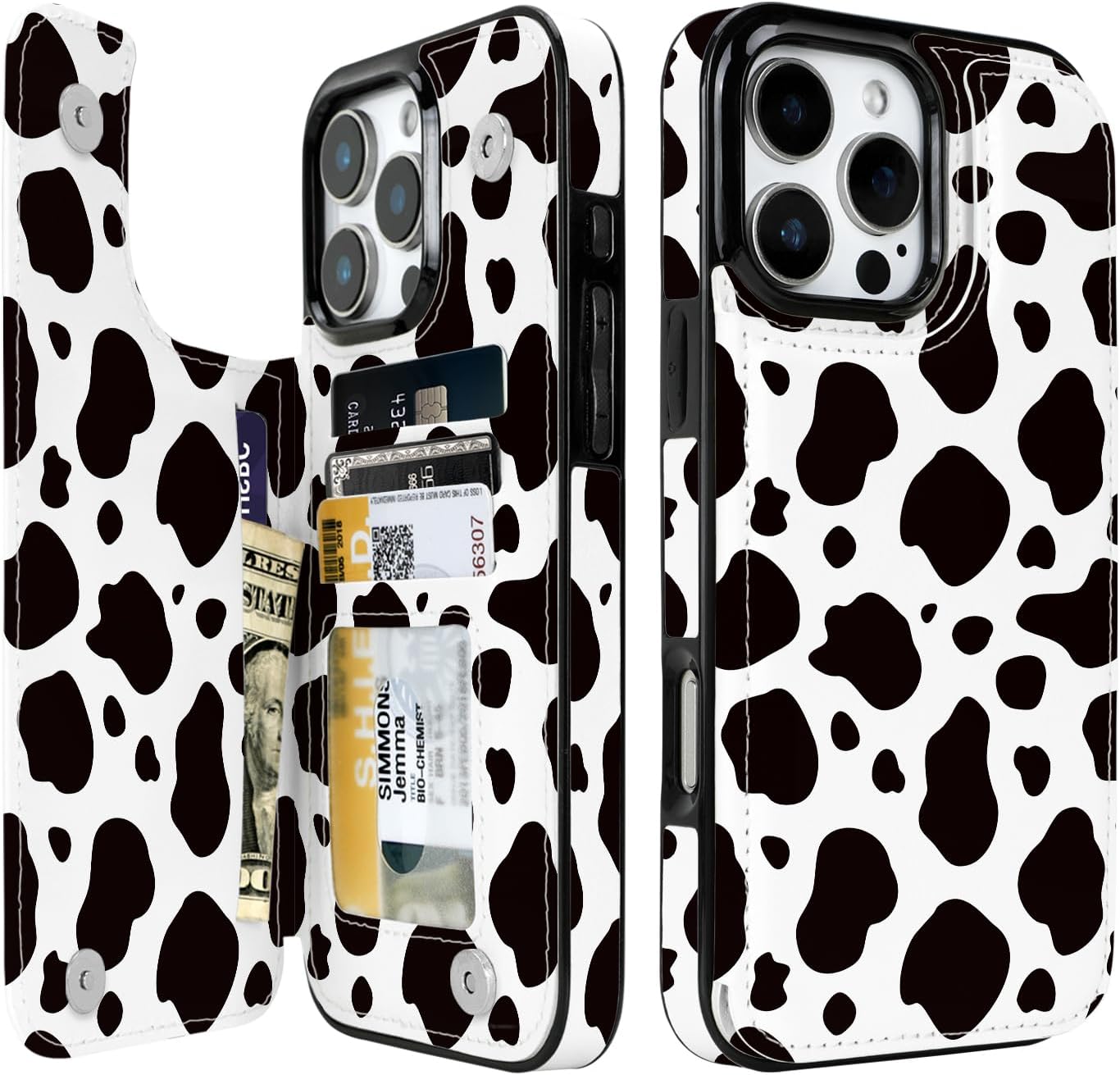 Black & White Cow Print Flip Wallet Case for iPhone 17–14 – Card Holder & Kickstand – product image 5