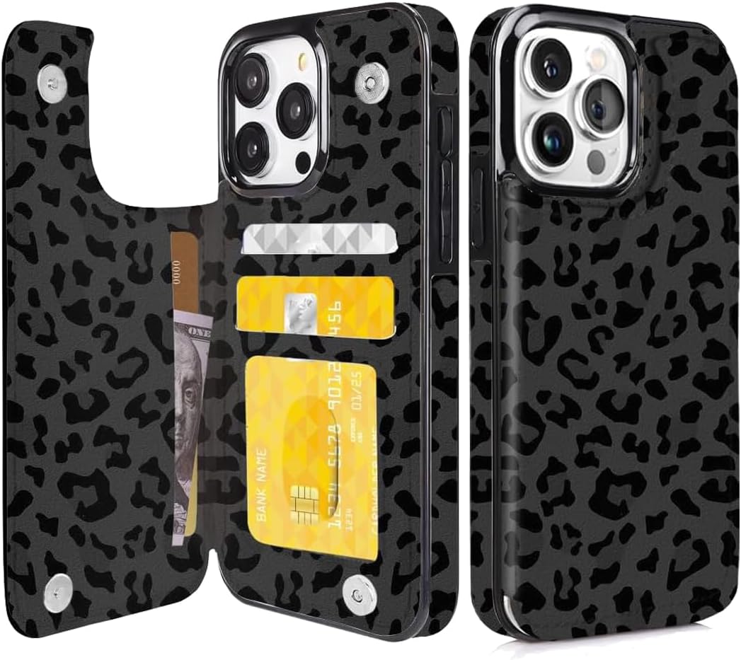 Black Leopard Flip Wallet Case for iPhone 17–14 – Card Holder & Kickstand – product image 6