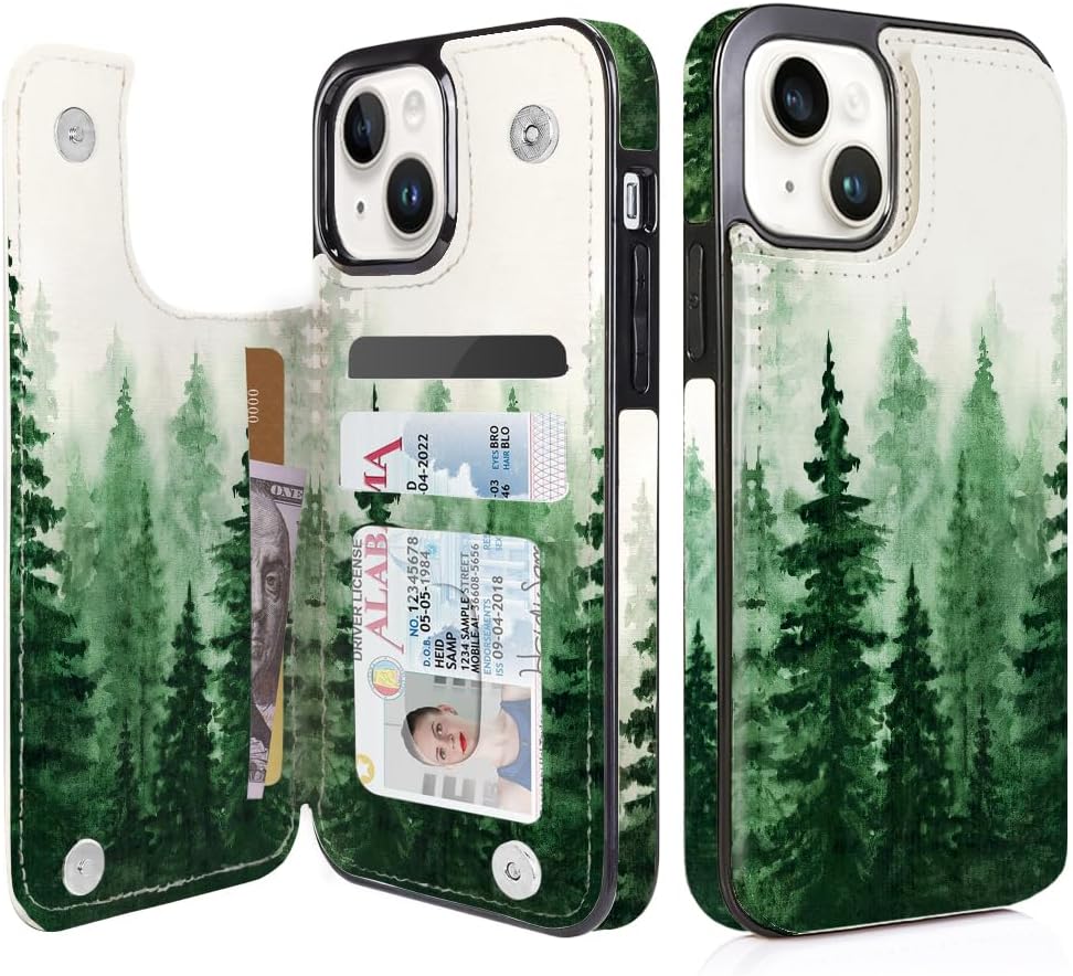 Forest Mist Double-Buckle Flip Wallet Case for iPhone 17–12 – 3–4 Card Holder & Kickstand – product image 9