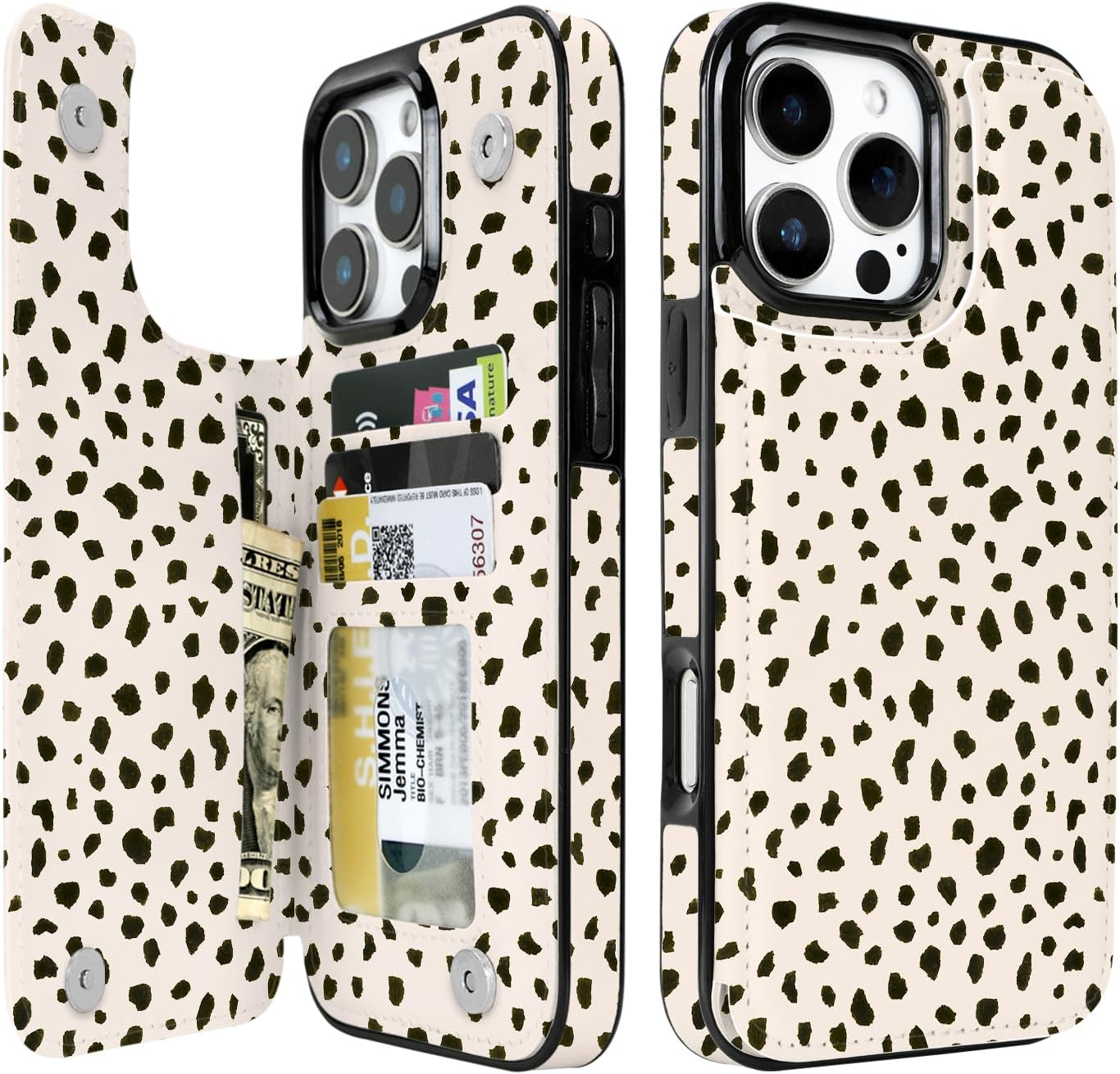 Dalmatian Spot RFID Flip Wallet Case for iPhone 17–12 – Card Holder & Kickstand – product view 4