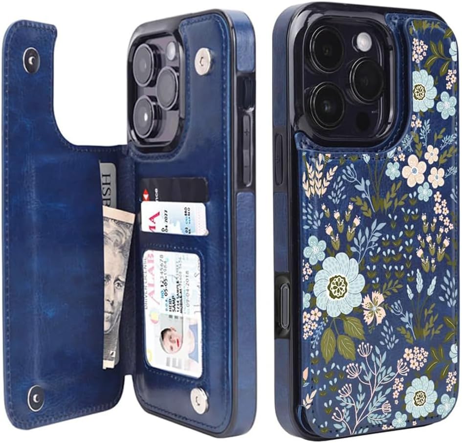 Blue Daisy Floral RFID Flip Wallet Case for iPhone 17–12 – Card Holder & Kickstand – product image 11
