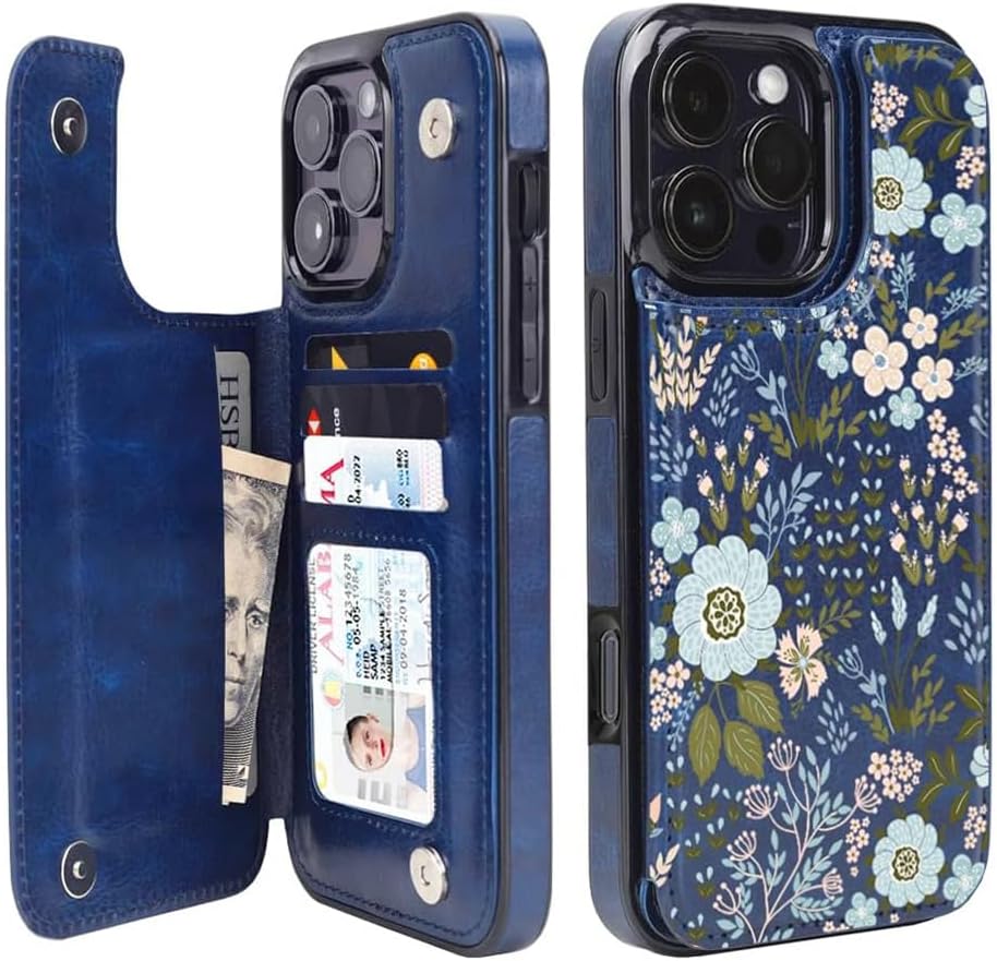 Blue Daisy Floral RFID Flip Wallet Case for iPhone 17–12 – Card Holder & Kickstand – product image 10