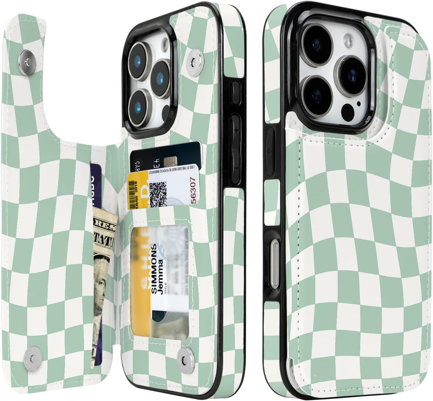 Mint Wavy Checkerboard Flip Wallet Case for iPhone 17–14 – Card Holder & Kickstand – product view 10