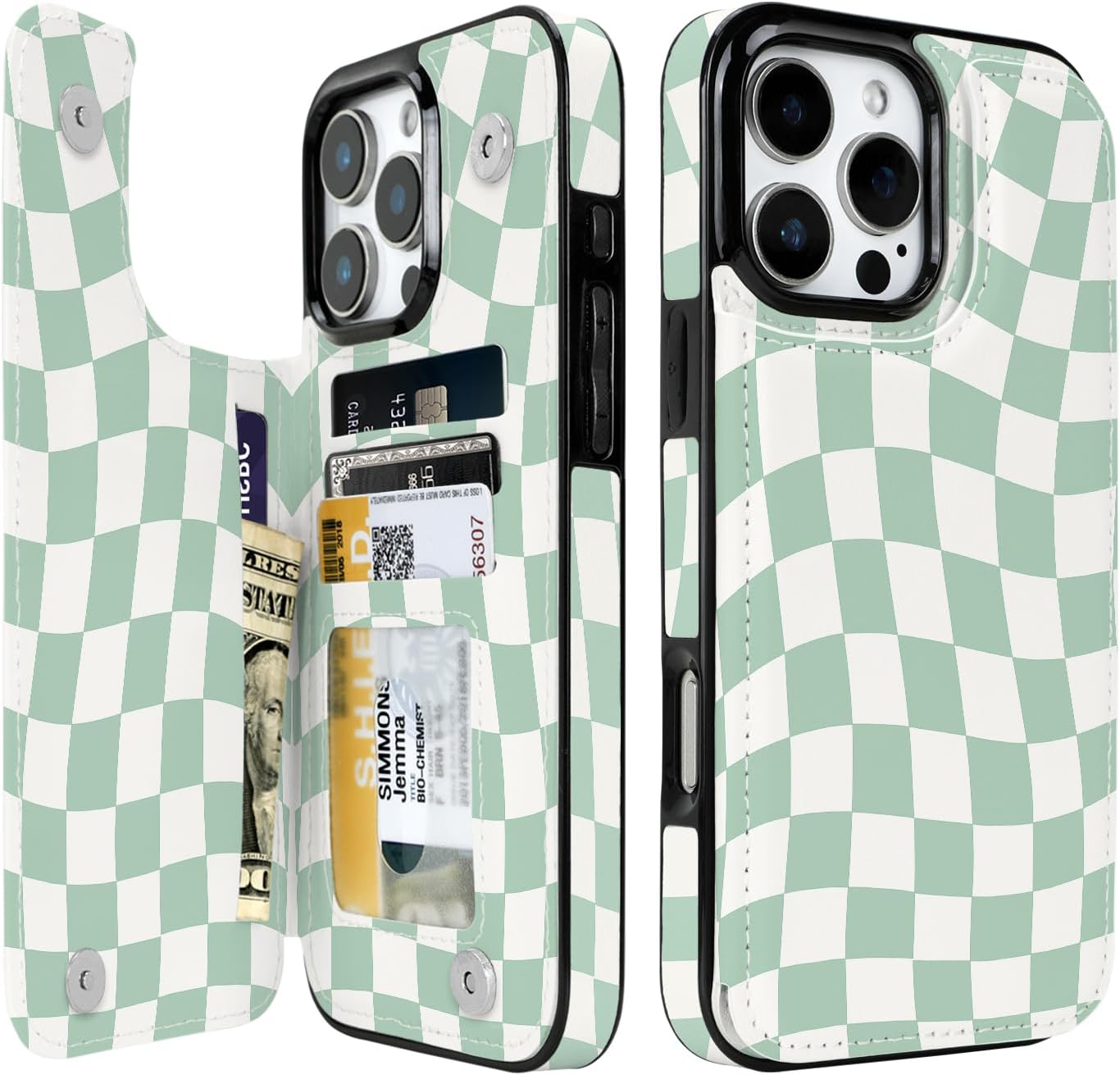 Mint Wavy Checkerboard Flip Wallet Case for iPhone 17–14 – Card Holder & Kickstand – product view 9