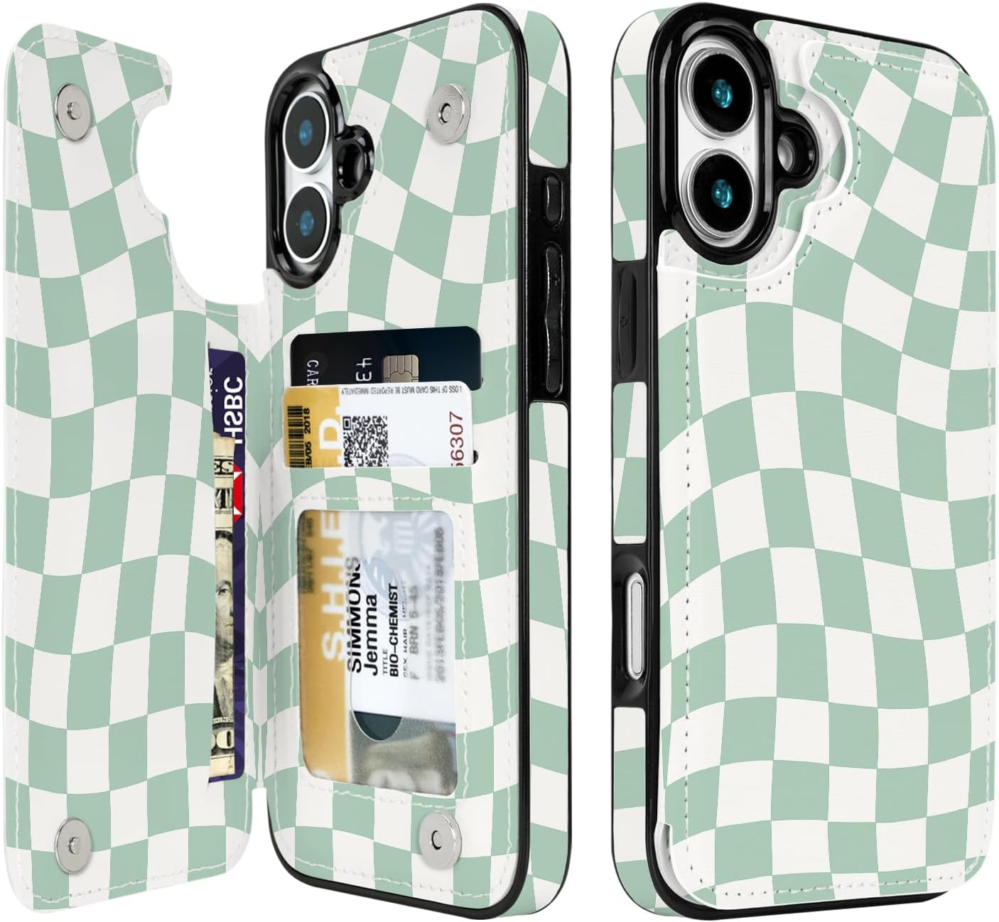 Mint Wavy Checkerboard Flip Wallet Case for iPhone 17–14 – Card Holder & Kickstand – product view 1