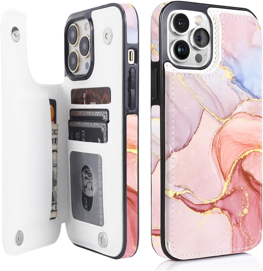 Pastel Marble Gold RFID Flip Wallet Case for iPhone 17–12 – Card Holder & Kickstand - iPhone 12 Pro Max