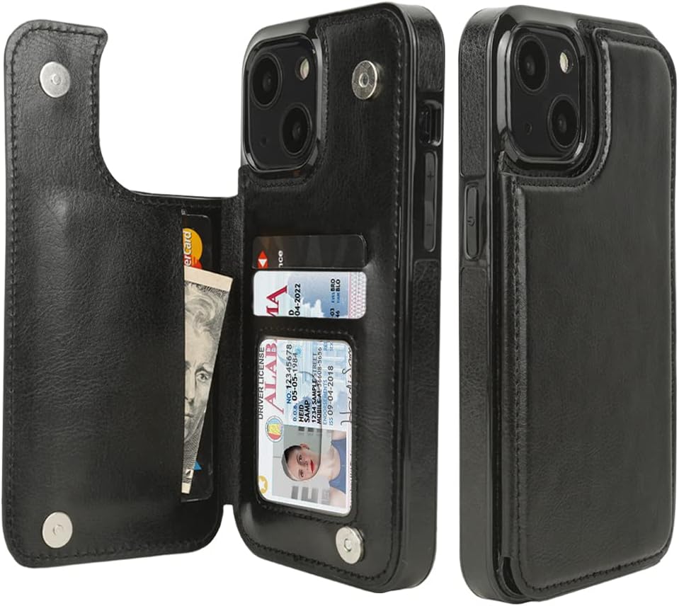 Classic Black RFID Double-Buckle Flip Wallet Case for iPhone 17–12 – 3–4 Card Holder & Kickstand - iPhone 14
