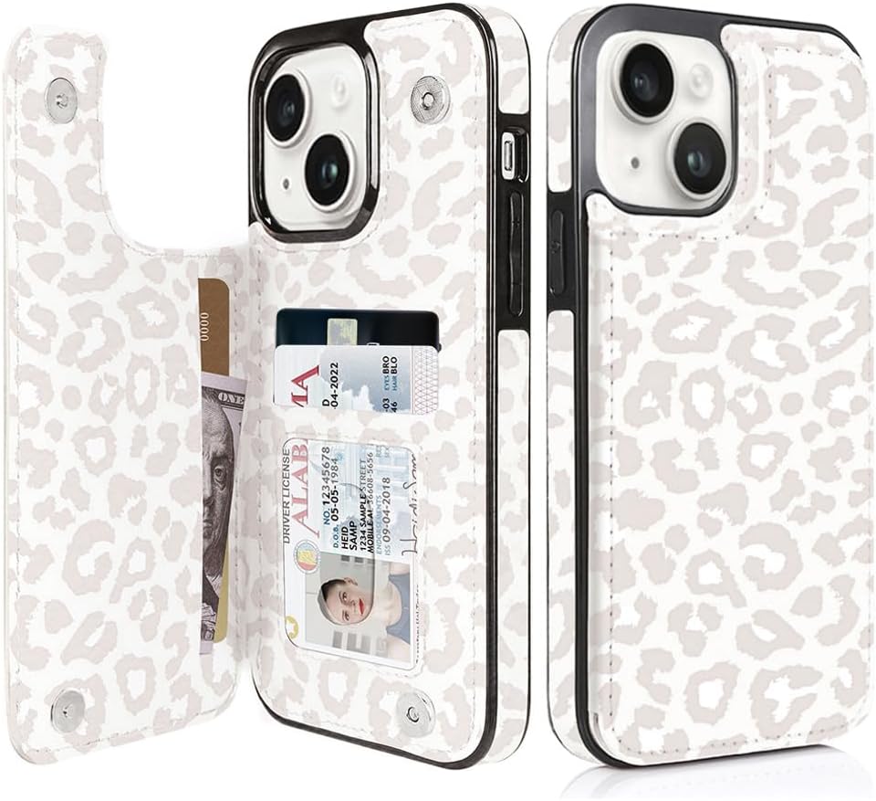 Cream Leopard RFID Flip Wallet Case for iPhone 17–12 – Card Holder & Kickstand – product image 7