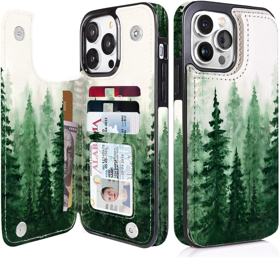 Forest Mist Double-Buckle Flip Wallet Case for iPhone 17–12 – 3–4 Card Holder & Kickstand - iPhone 13 Pro Max
