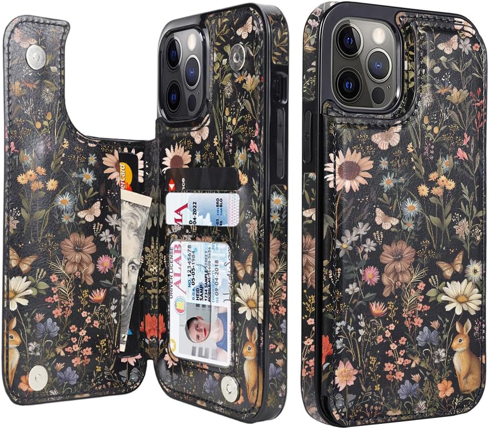 Midnight Meadow Double-Buckle Flip Wallet Case for iPhone 17–12 – 3–4 Card Holder & Kickstand - iPhone 12 Pro/12