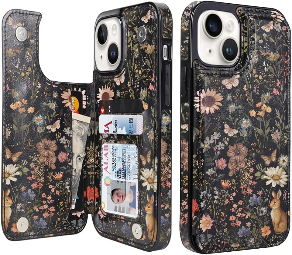 Midnight Meadow Double-Buckle Flip Wallet Case for iPhone 17–12 – 3–4 Card Holder & Kickstand - iPhone 14