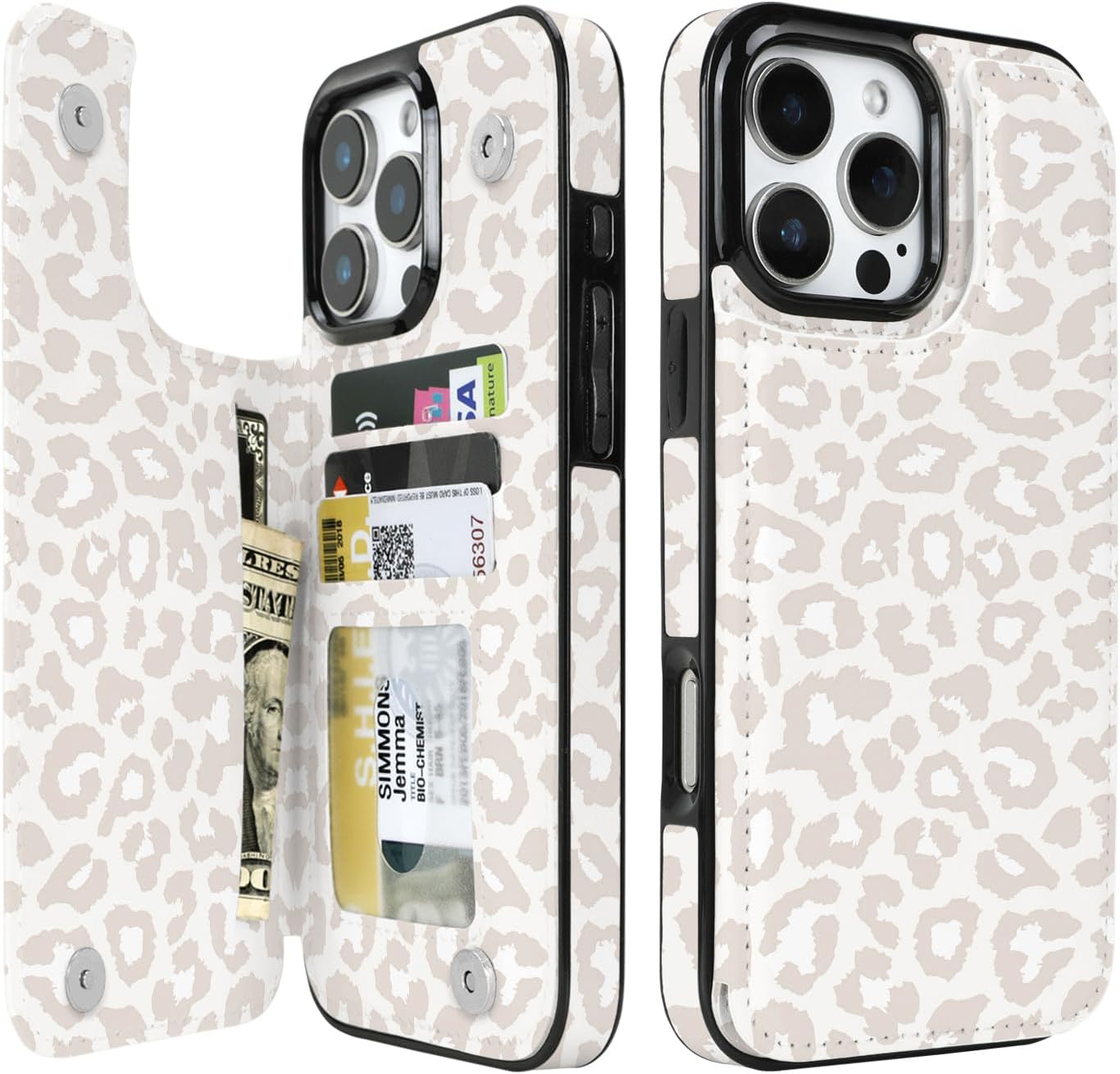 Cream Leopard RFID Flip Wallet Case for iPhone 17–12 – Card Holder & Kickstand – product image 5