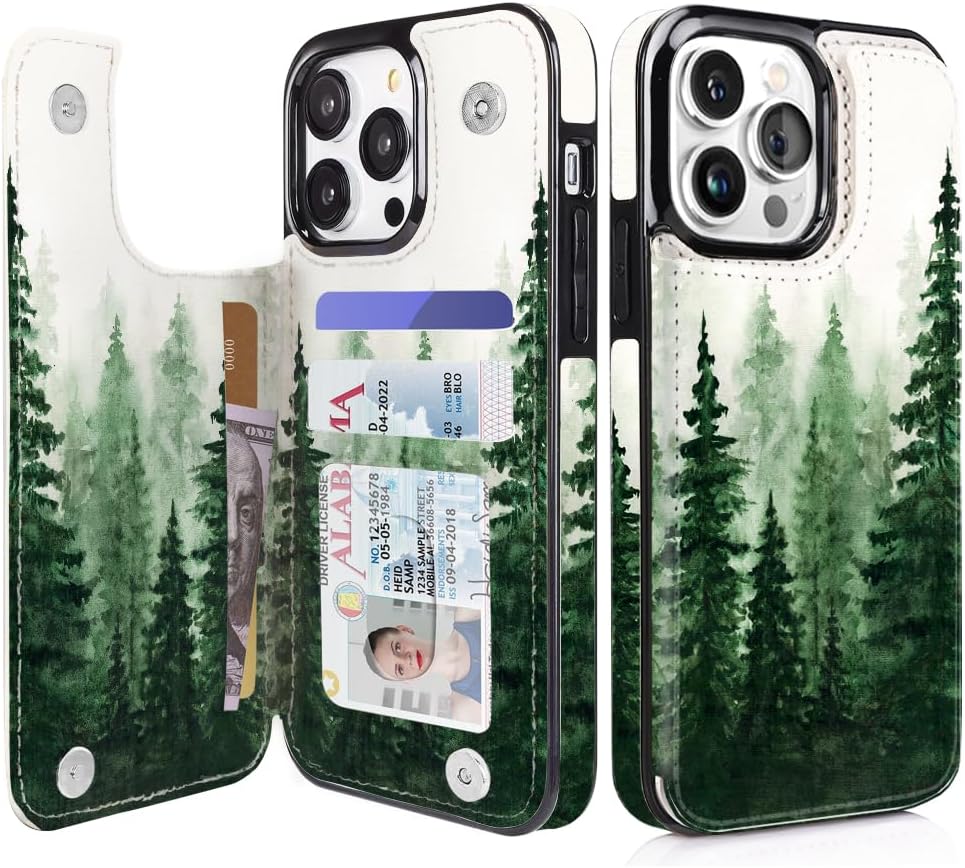 Forest Mist Double-Buckle Flip Wallet Case for iPhone 17–12 – 3–4 Card Holder & Kickstand - iPhone 13 Pro
