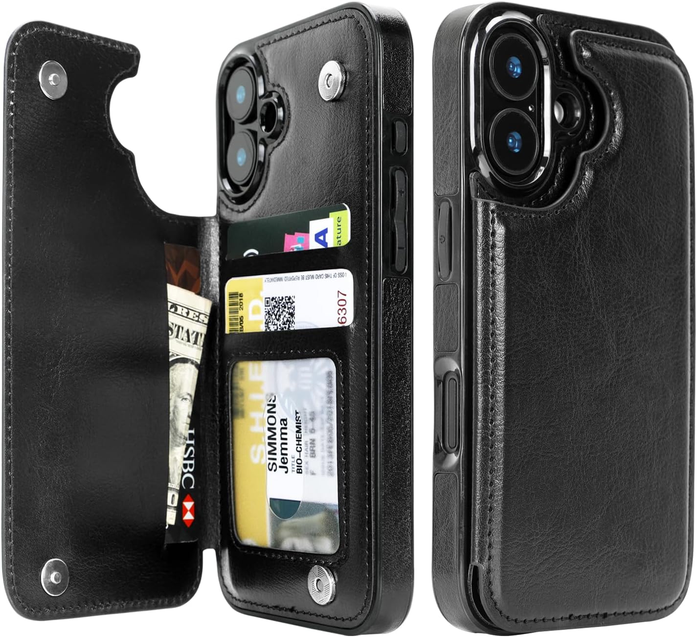 Classic Black RFID Double-Buckle Flip Wallet Case for iPhone 17–12 – 3–4 Card Holder & Kickstand - iPhone 17