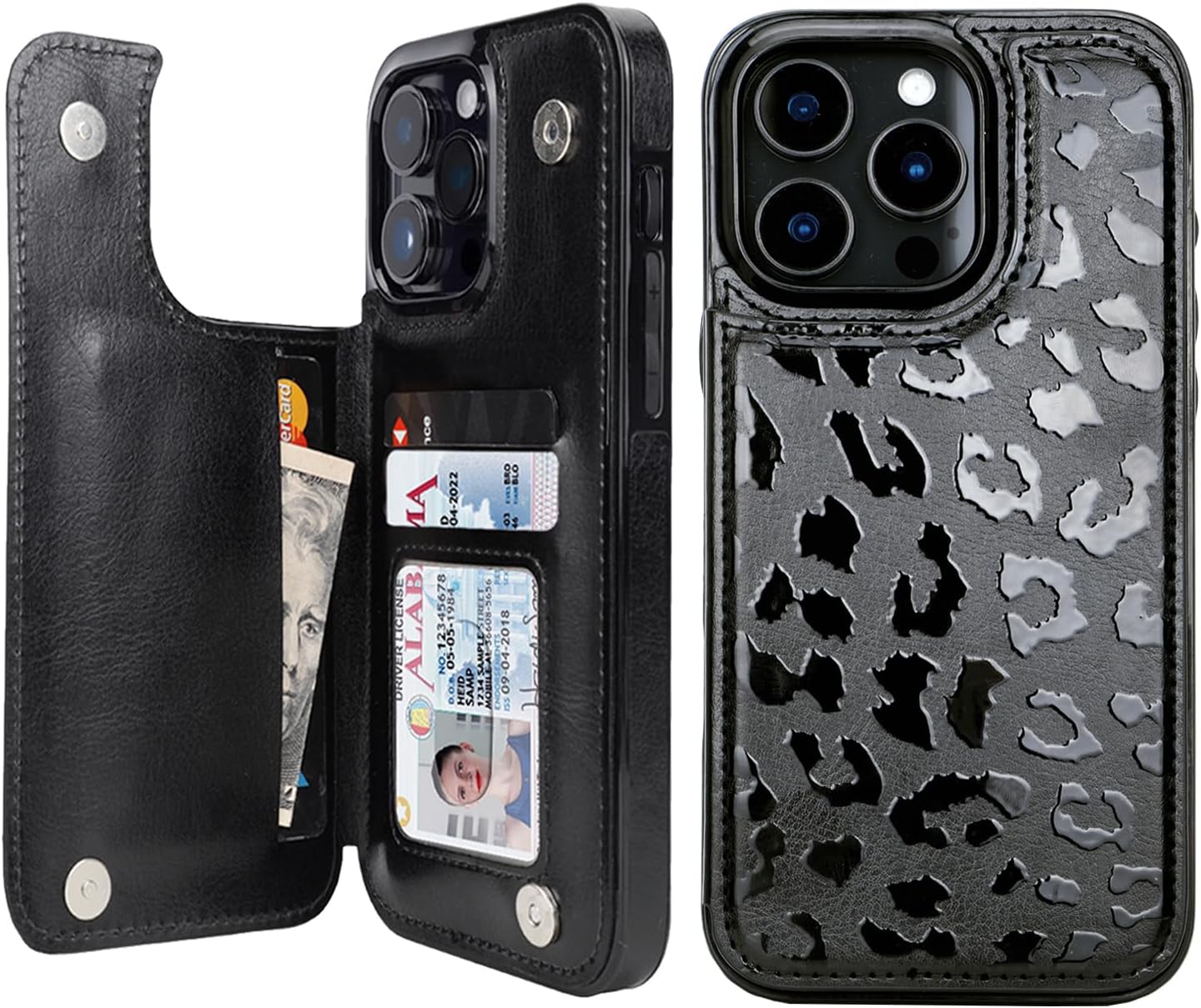 Black Leopard RFID Flip Wallet Case for iPhone 17–12 – Card Holder & Kickstand – product view 5