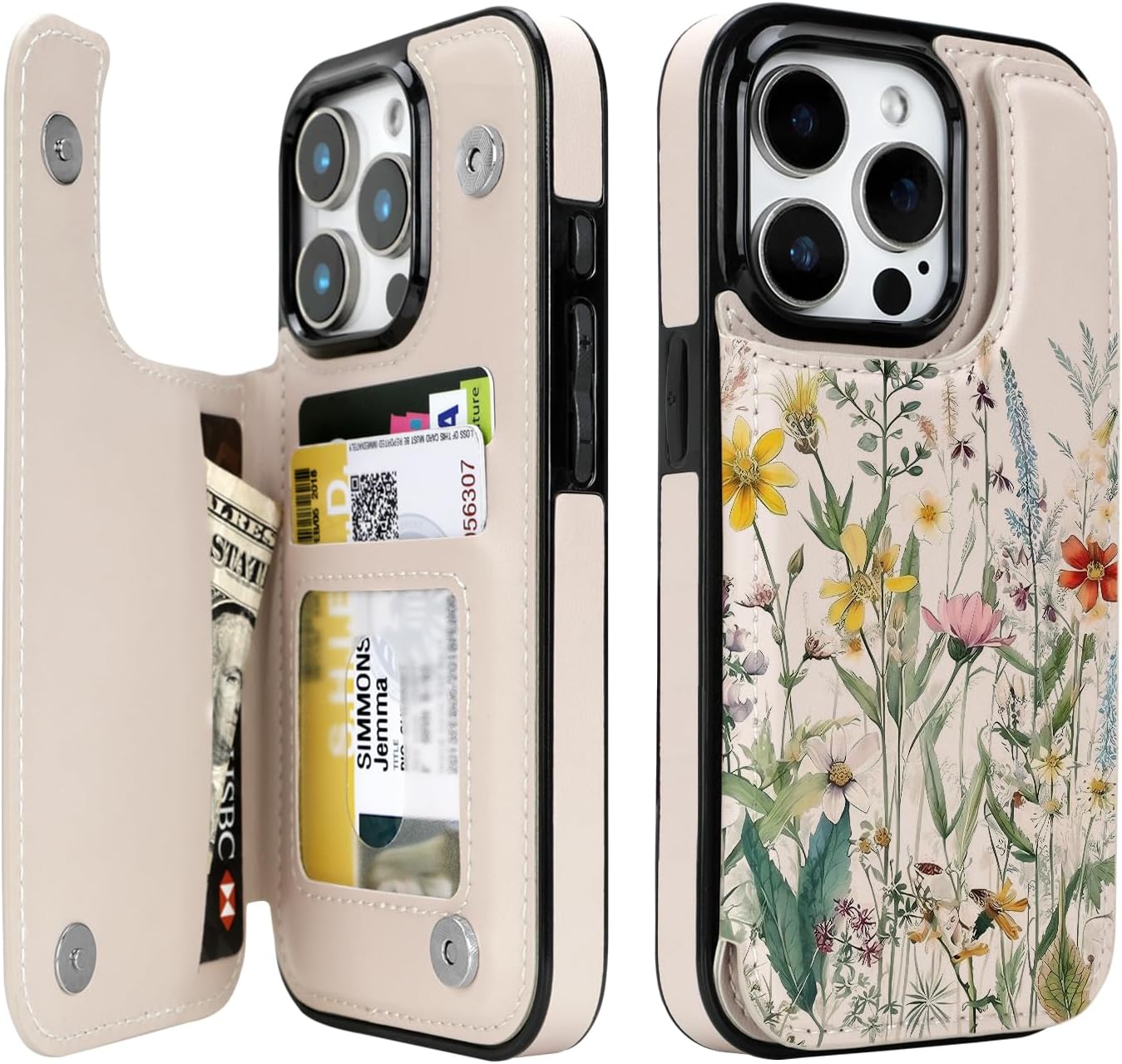 Wildflower Botanical RFID Flip Wallet Case for iPhone 17–12 – Card Holder & Kickstand – product image 6