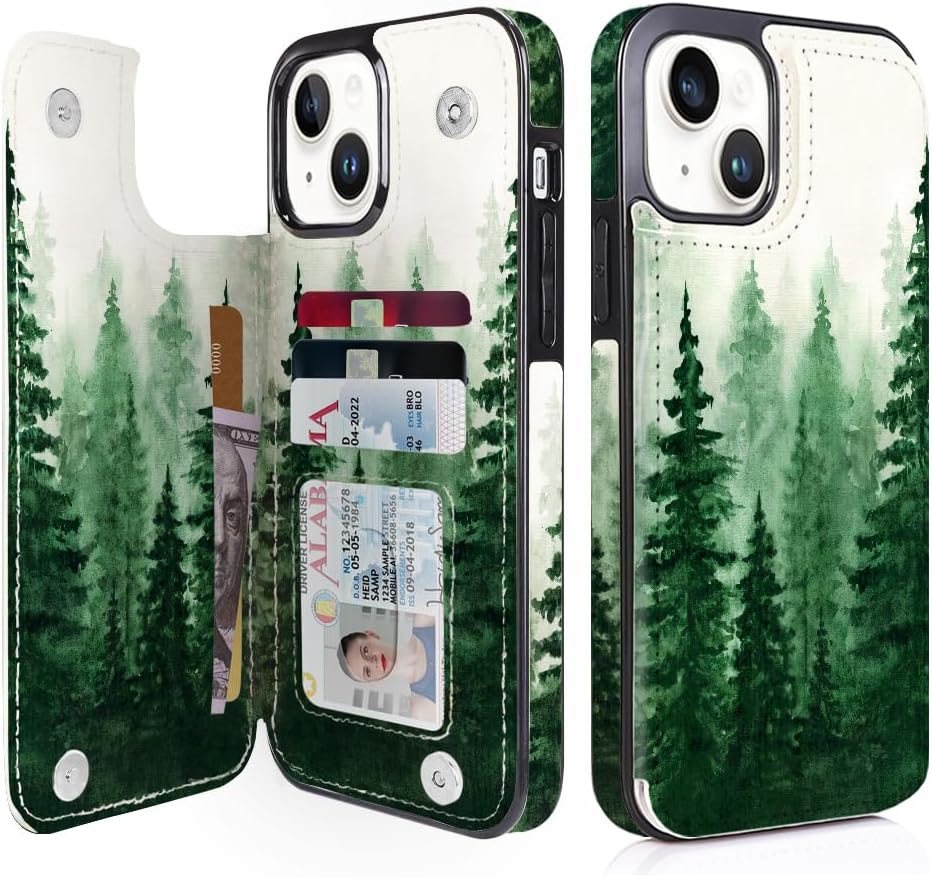 Forest Mist Double-Buckle Flip Wallet Case for iPhone 17–12 – 3–4 Card Holder & Kickstand - iPhone 15 Plus / iPhone 14 Plus