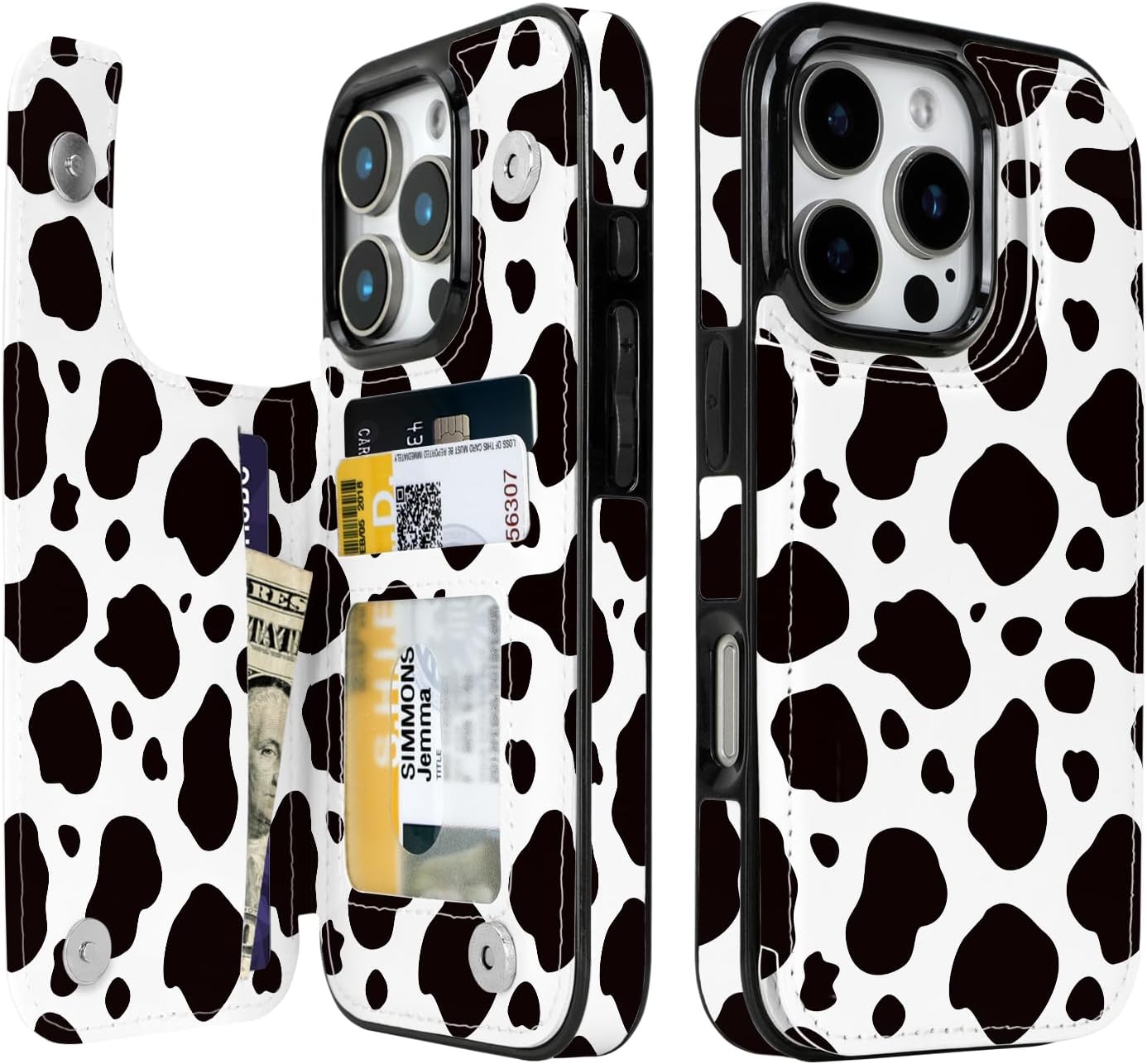Black & White Cow Print Flip Wallet Case for iPhone 17–14 – Card Holder & Kickstand – product image 6