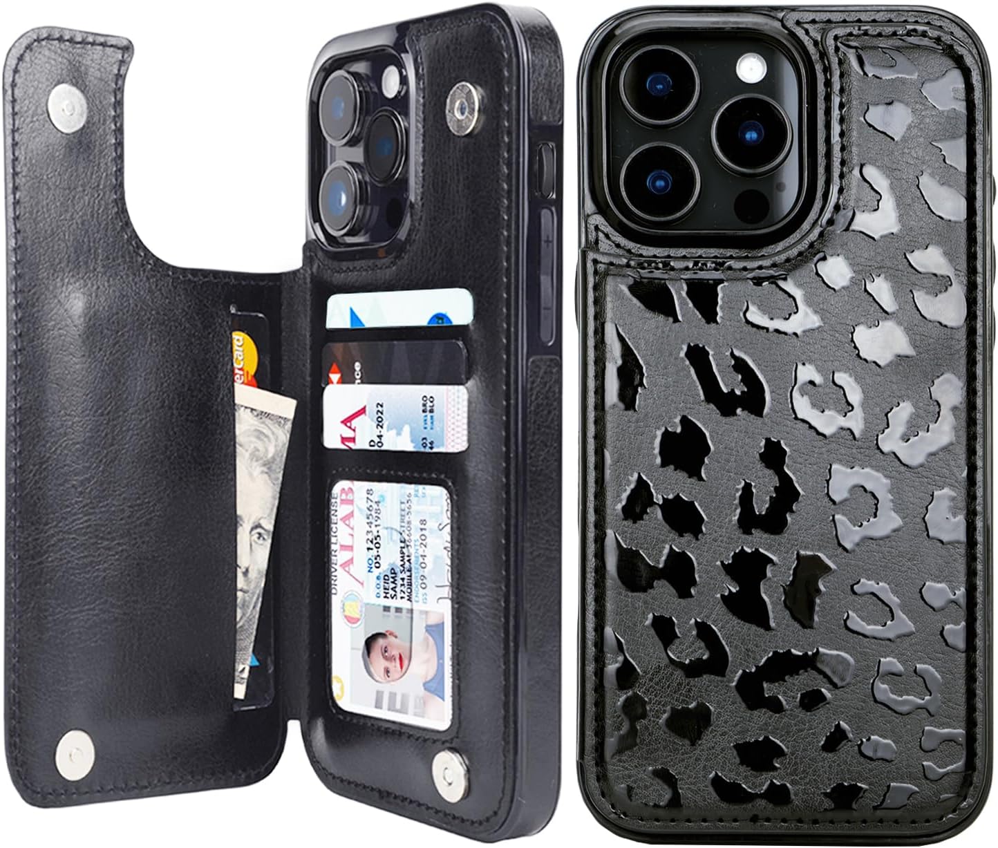 Black Leopard RFID Flip Wallet Case for iPhone 17–12 – Card Holder & Kickstand – product view 4