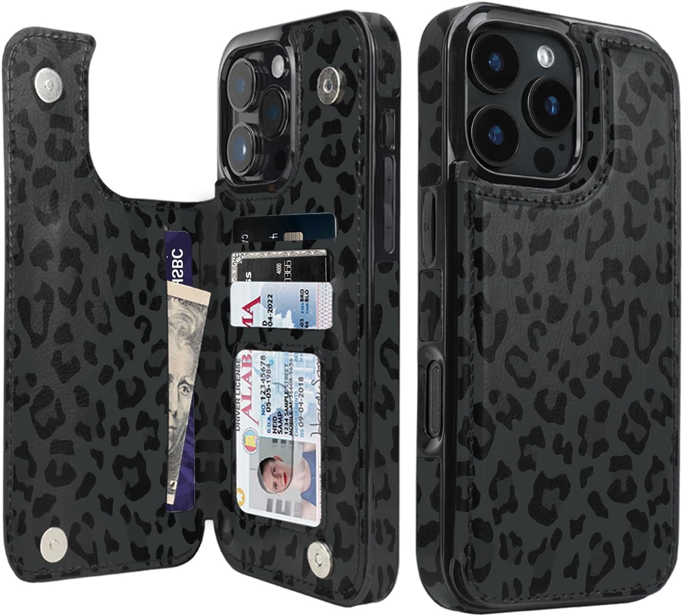 Black Leopard Flip Wallet Case for iPhone 17–14 – Card Holder & Kickstand – product image 5