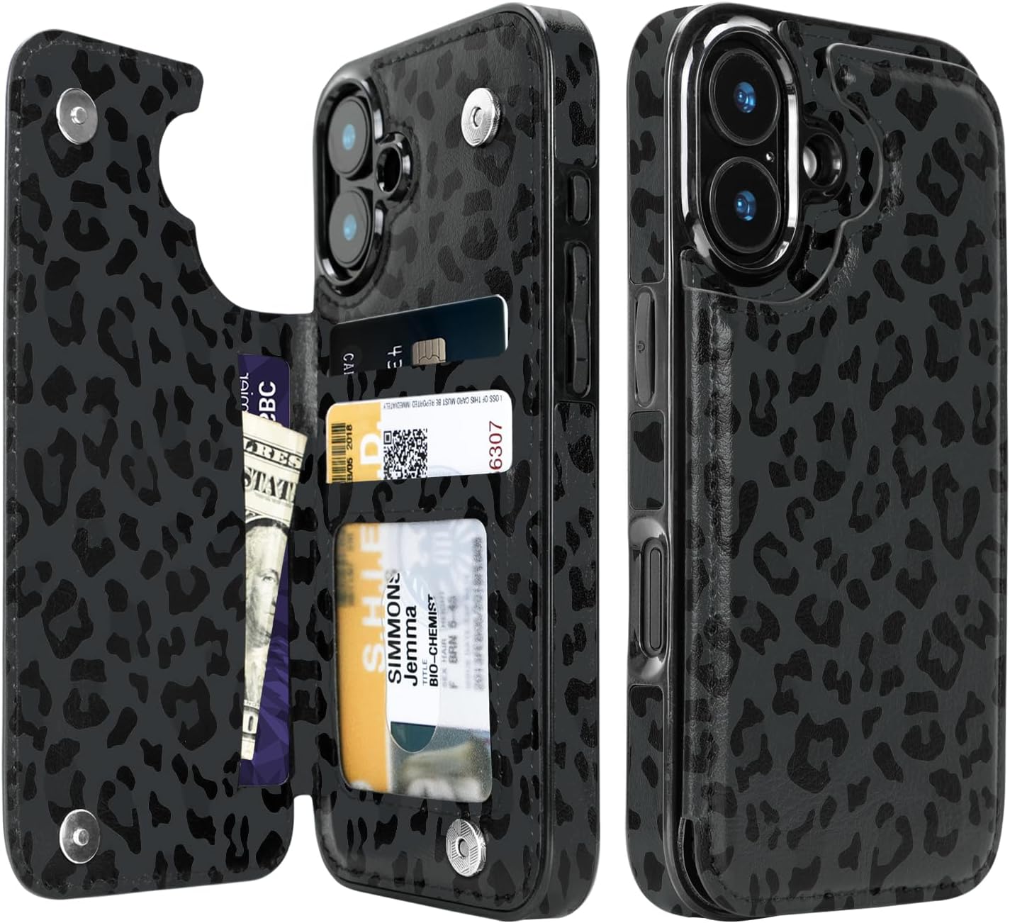 Black Leopard Flip Wallet Case for iPhone 17–14 – Card Holder & Kickstand – product image 2