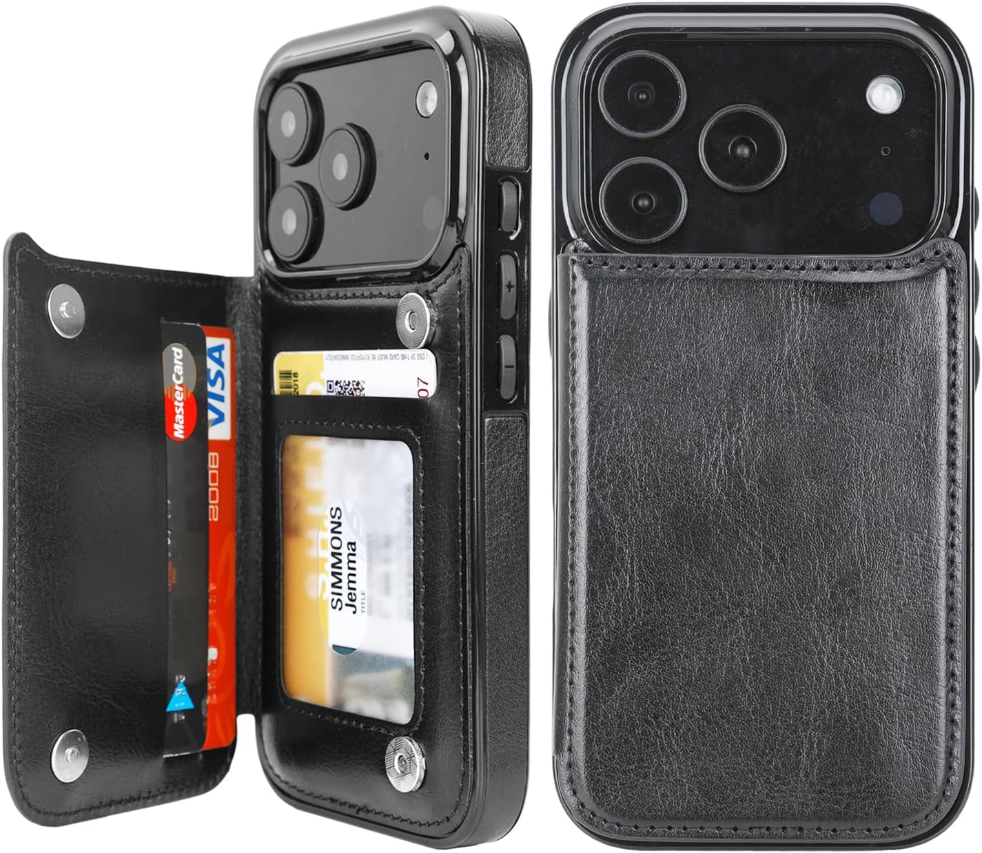 Classic Black RFID Double-Buckle Flip Wallet Case for iPhone 17–12 – 3–4 Card Holder & Kickstand - iPhone 17 Pro