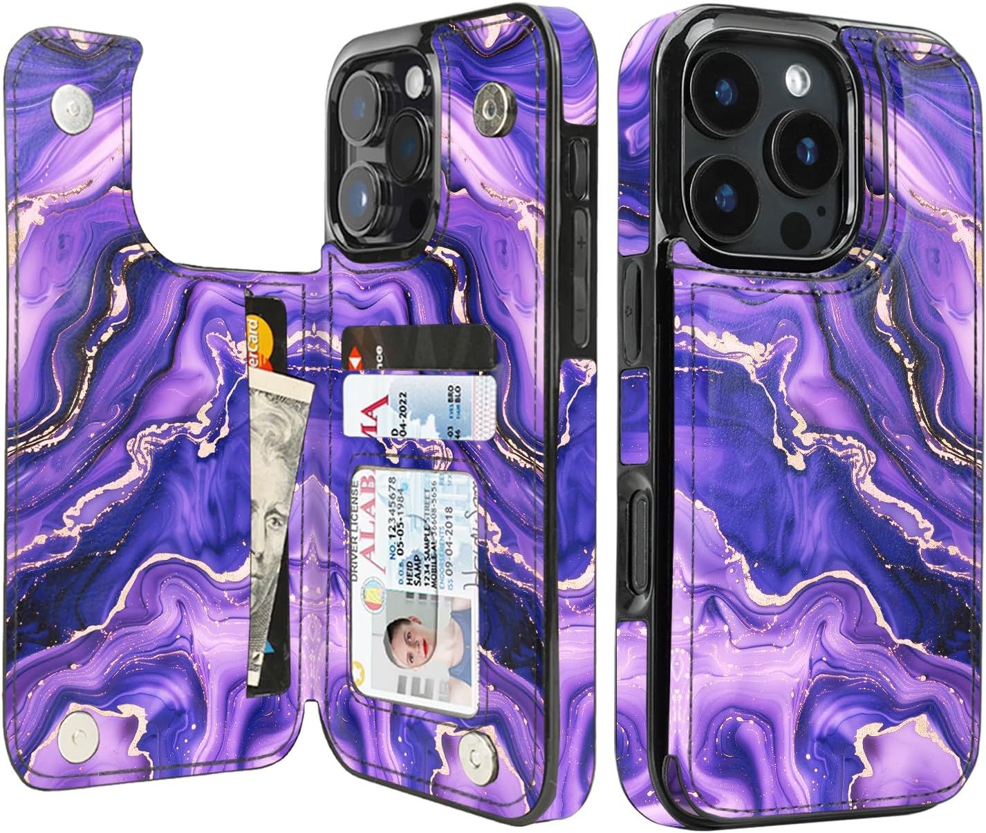 Purple Marble Gold RFID Flip Wallet Case for iPhone 17–12 – Card Holder & Kickstand – product image 10