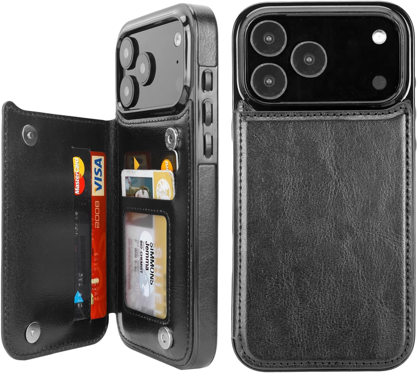 Classic Black RFID double-buckle Flip Wallet Case for iPhone 17-12 Series - black leather RFID card holder wallet case