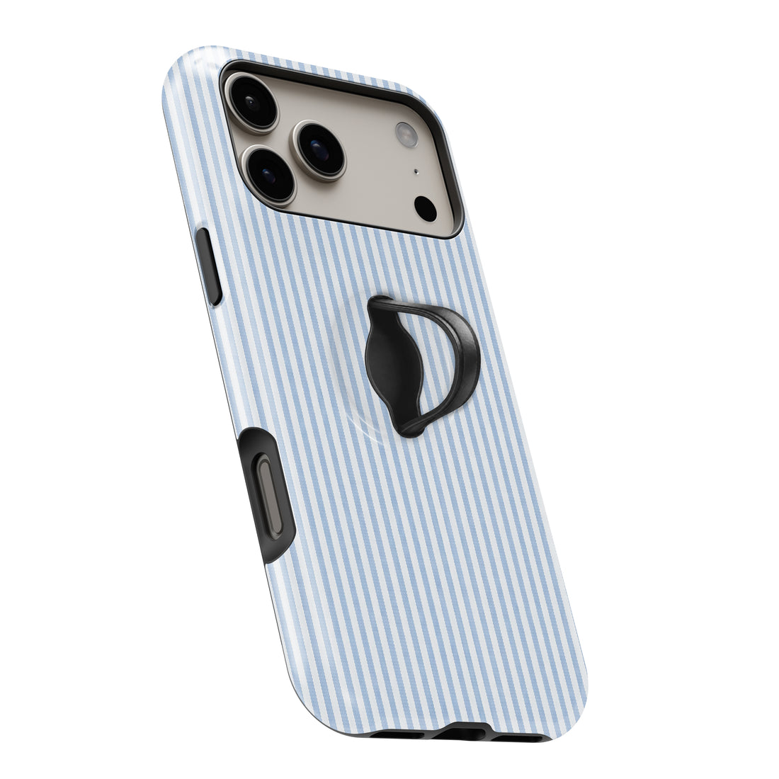 Powder Blue and White Pinstripe MagSafe loop iPhone case with kickstand, angled view with the finger loop extended