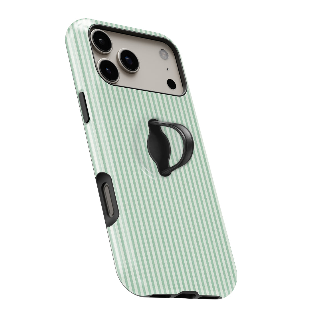 Mint Green and White Pinstripe MagSafe loop iPhone case with kickstand, angled view with the finger loop extended