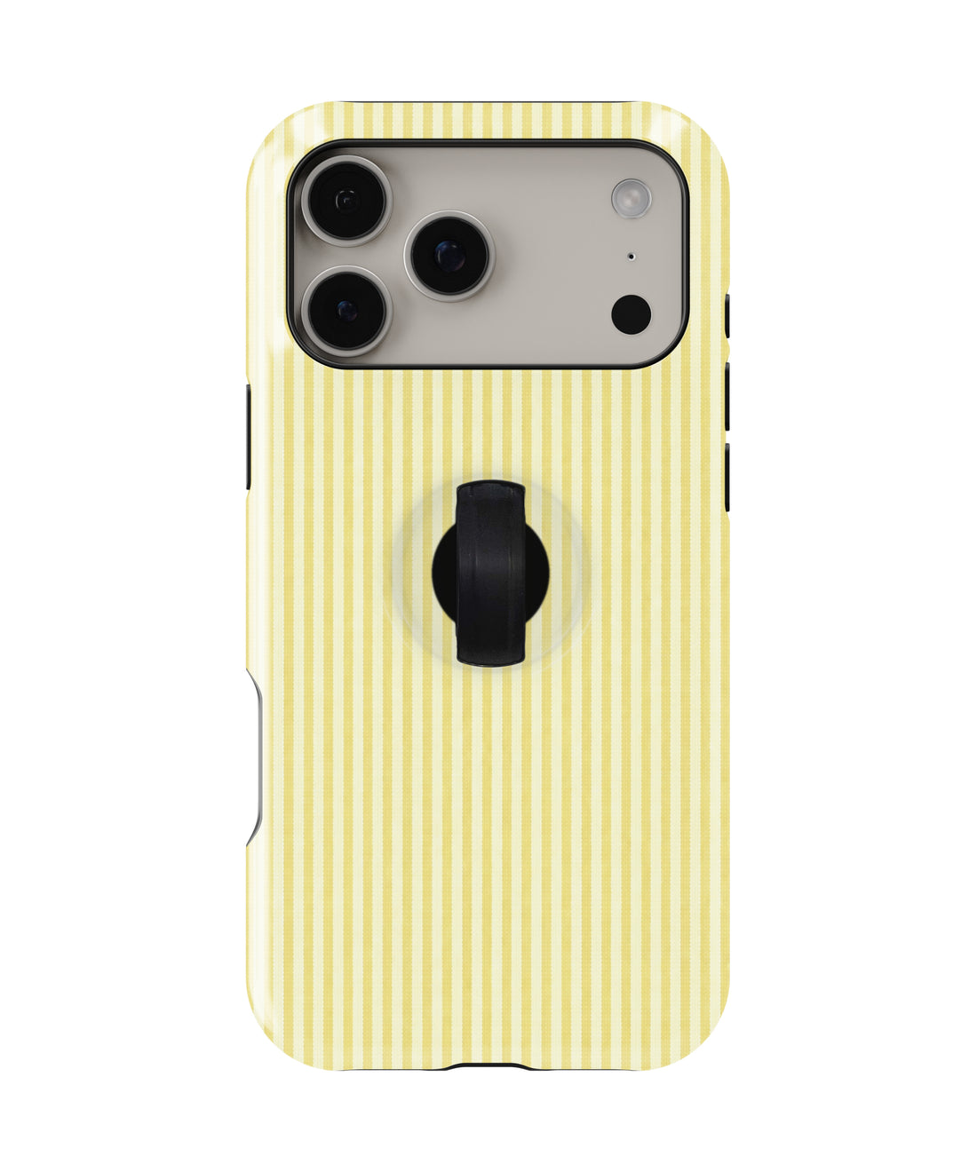 Lemon Yellow and White Pinstripe MagSafe loop iPhone case with kickstand, back view with the finger loop folded flat