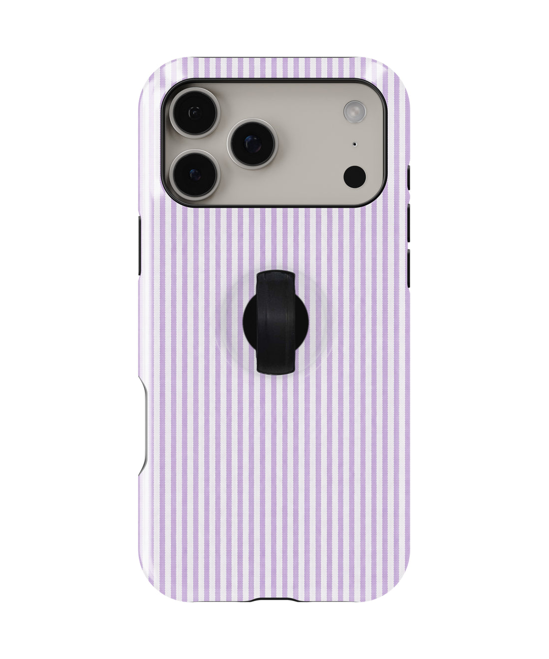 Lavender and White Pinstripe MagSafe loop iPhone case with kickstand, back view with the finger loop folded flat
