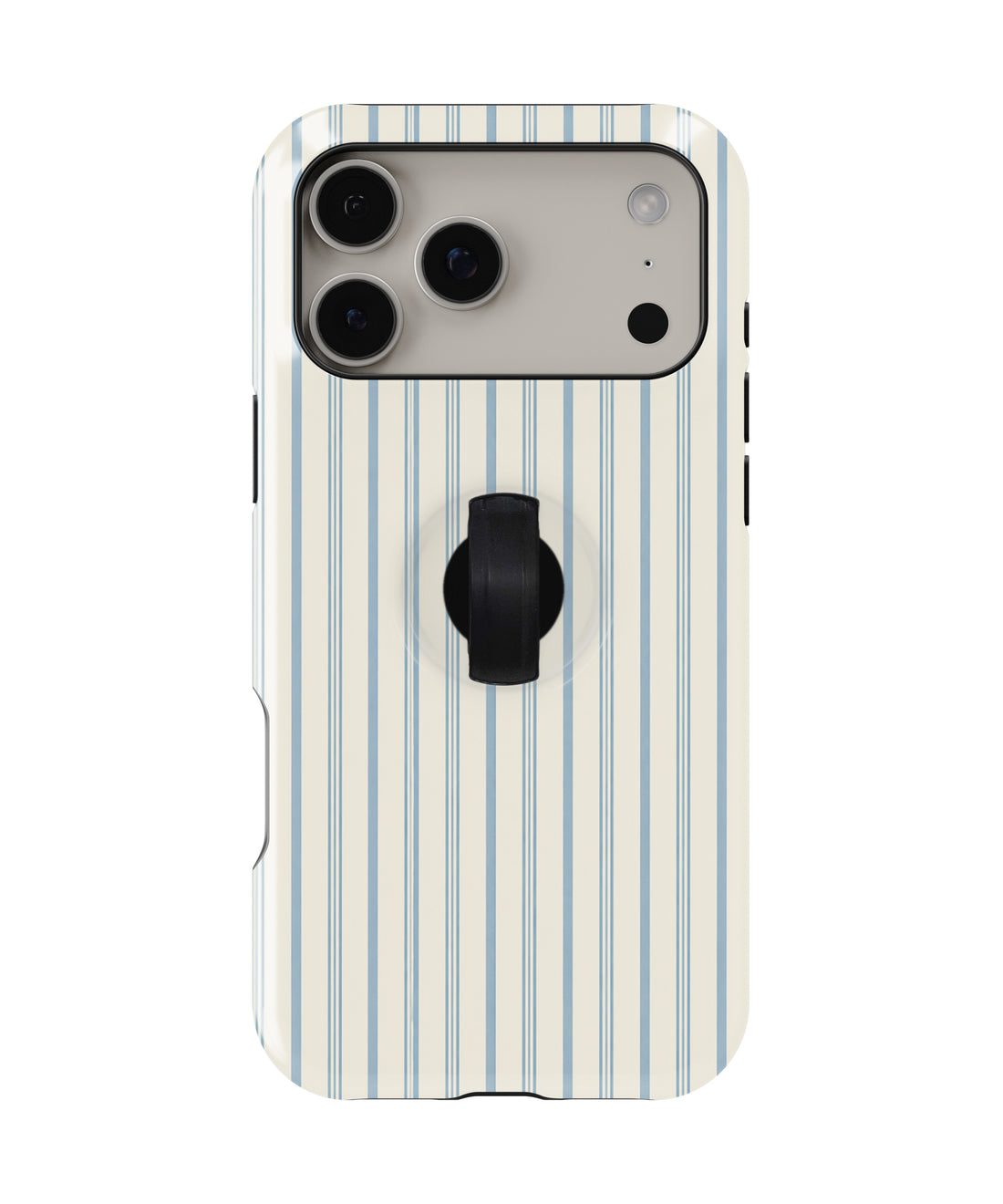 Blue Sage and Cream Vertical Stripe MagSafe loop iPhone case with kickstand, back view with the finger loop folded flat
