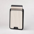 Taupe Pinstripe MagSafe card holder showing the patterned front
