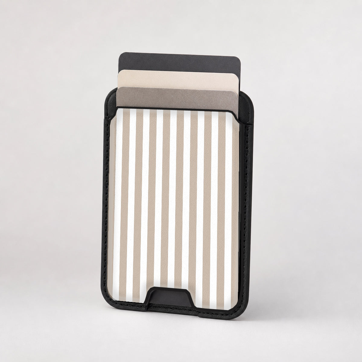 Taupe Pinstripe MagSafe card holder showing the patterned front