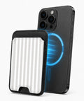 Gray Pinstripe MagSafe card holder attached to a compatible iPhone