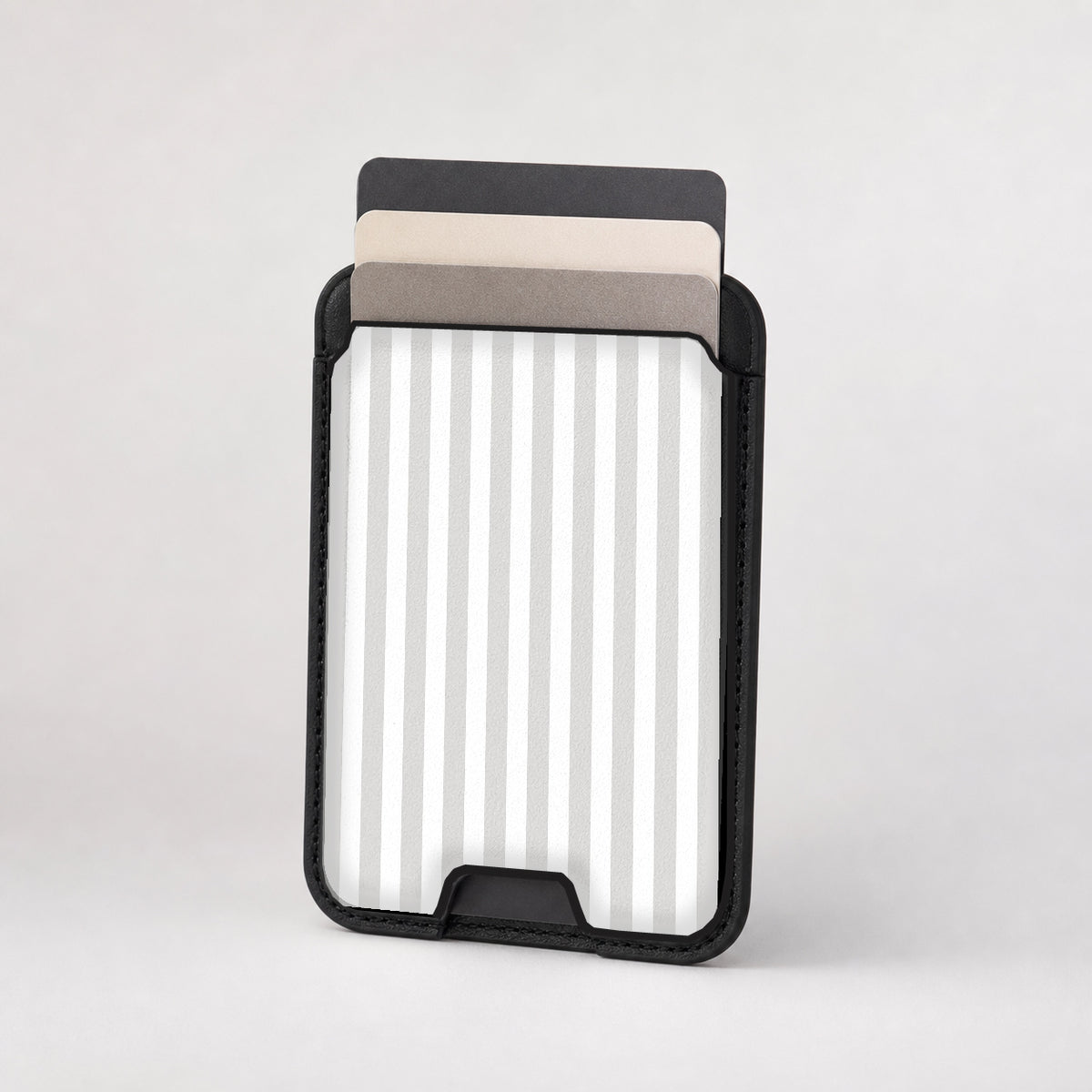 Gray Pinstripe MagSafe card holder showing the patterned front