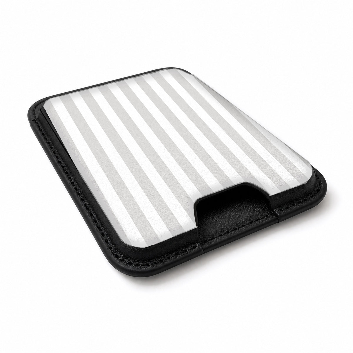 Gray Pinstripe MagSafe card holder showing the angled leather surface