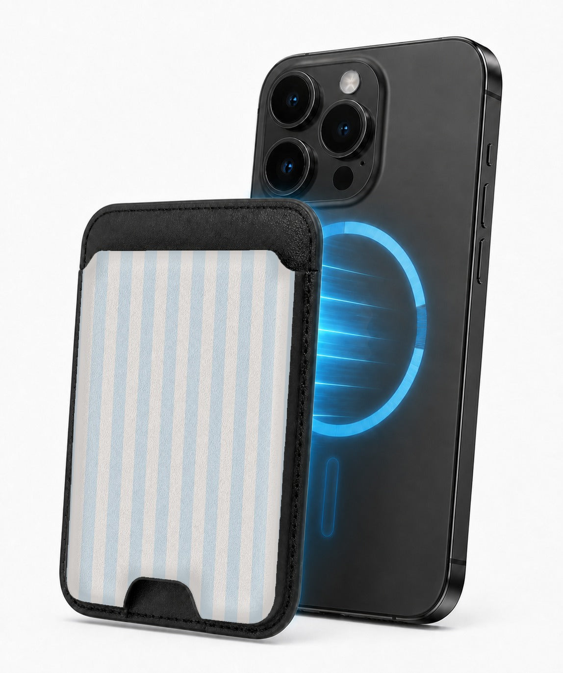 Powder Blue Pinstripe MagSafe card holder attached to a compatible iPhone