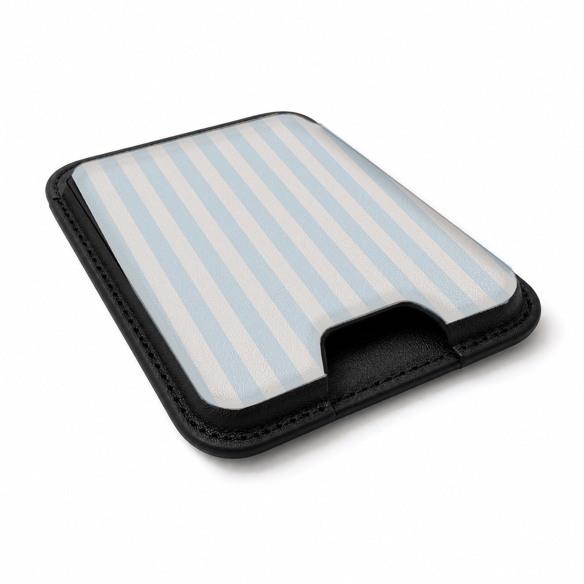 Powder Blue Pinstripe MagSafe card holder showing the angled leather surface