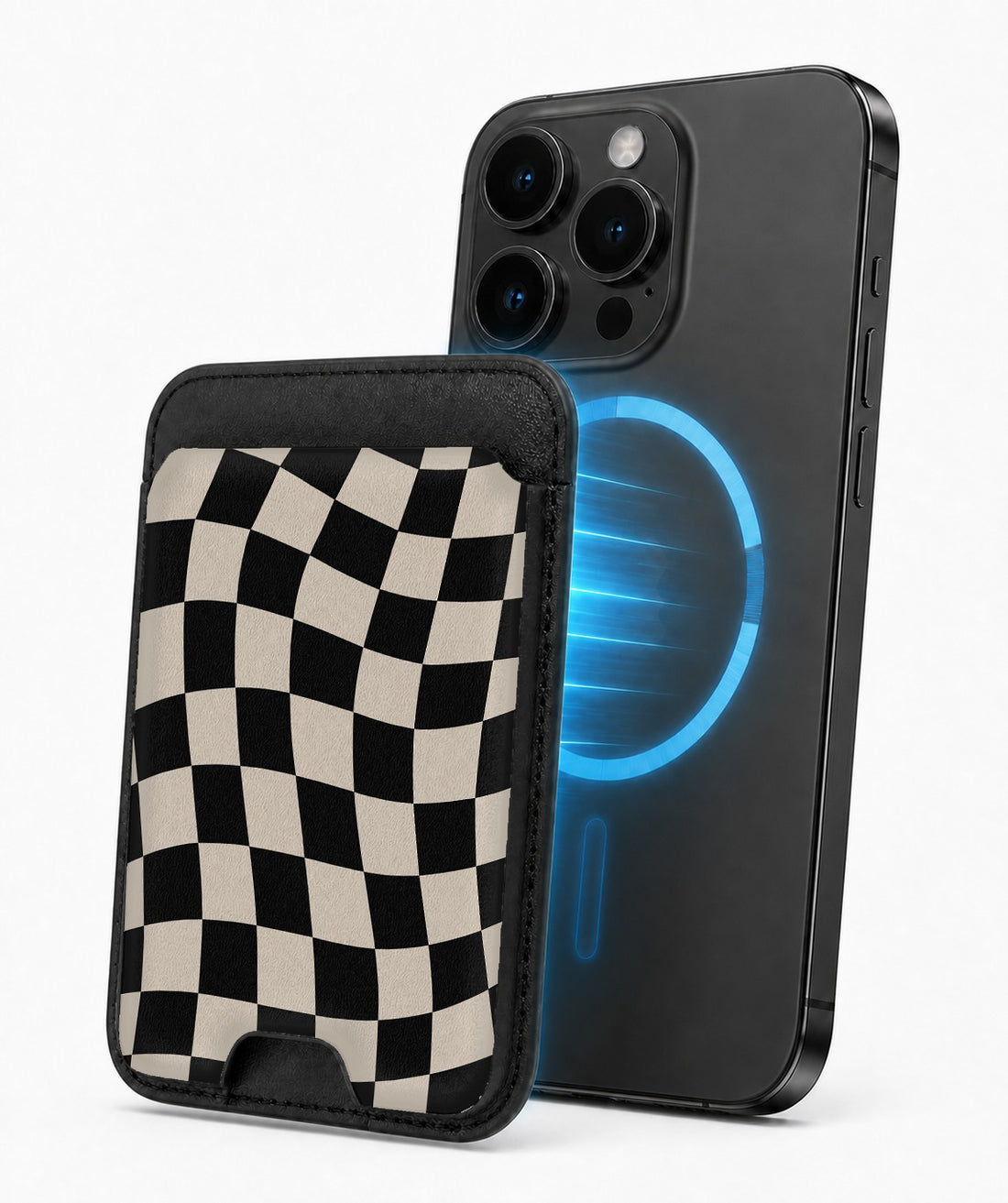 Black Cream Wavy Checkerboard MagSafe card holder attached to a compatible iPhone