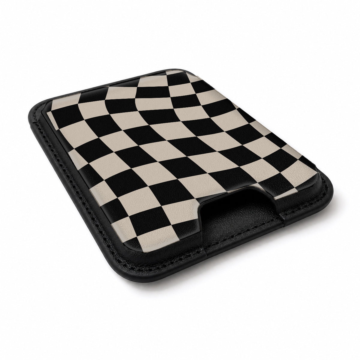 Black Cream Wavy Checkerboard MagSafe card holder showing the angled leather surface