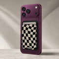 Black Cream Wavy Checkerboard MagSafe card holder showing the detailed leather finish