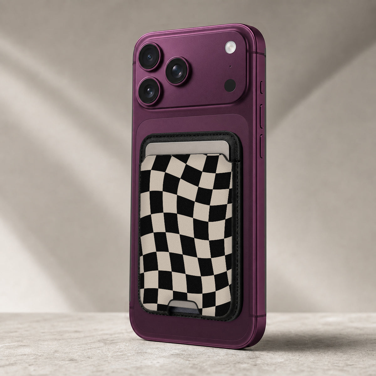 Black Cream Wavy Checkerboard MagSafe card holder showing the detailed leather finish