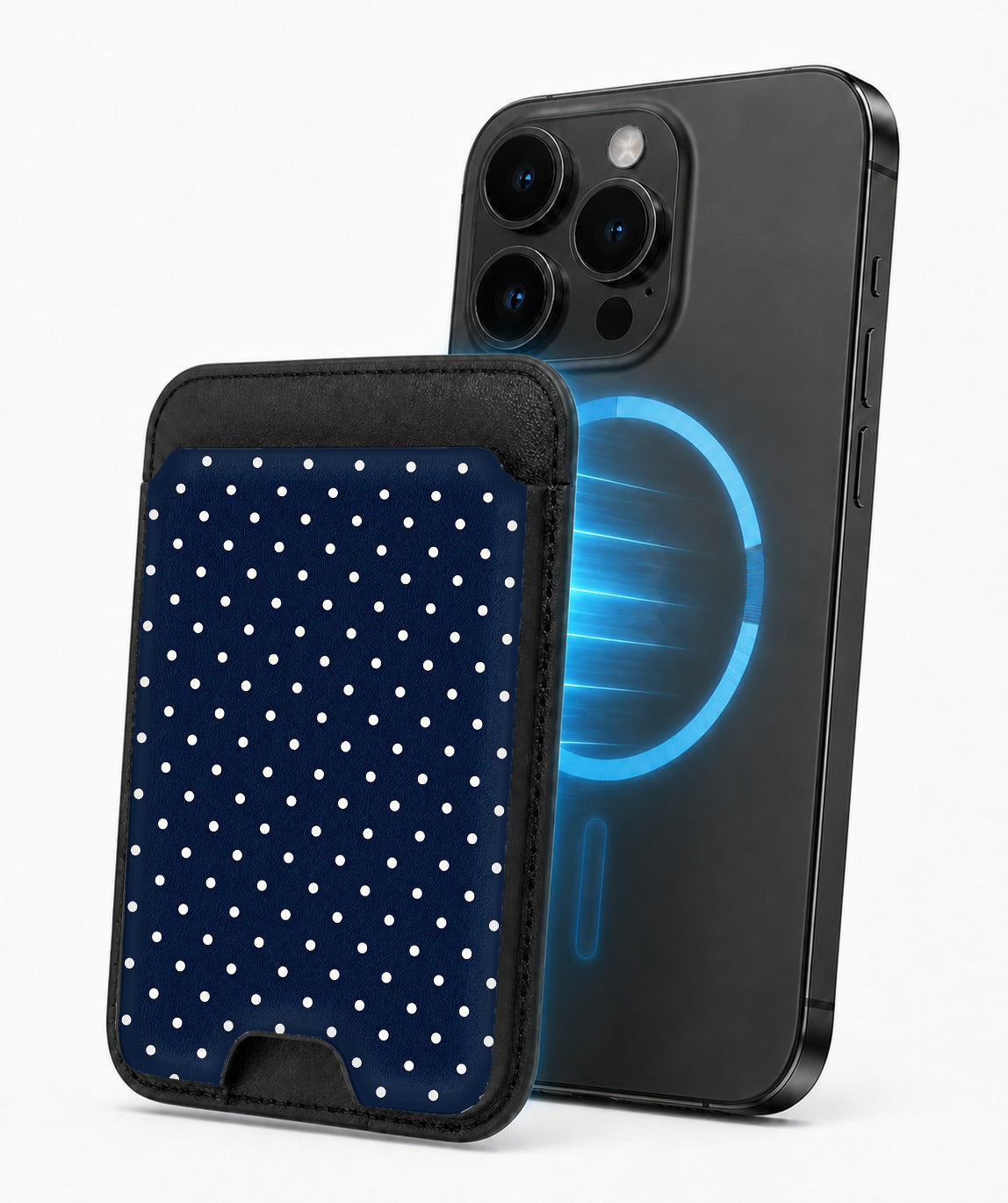 Navy Mini Polka Dot MagSafe card holder attached to a compatible iPhone
