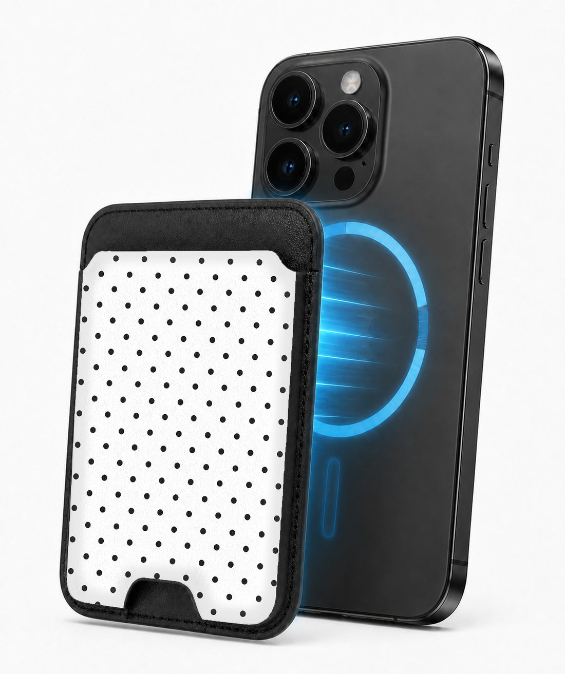White Black Mini Polka Dot MagSafe card holder attached to a compatible iPhone