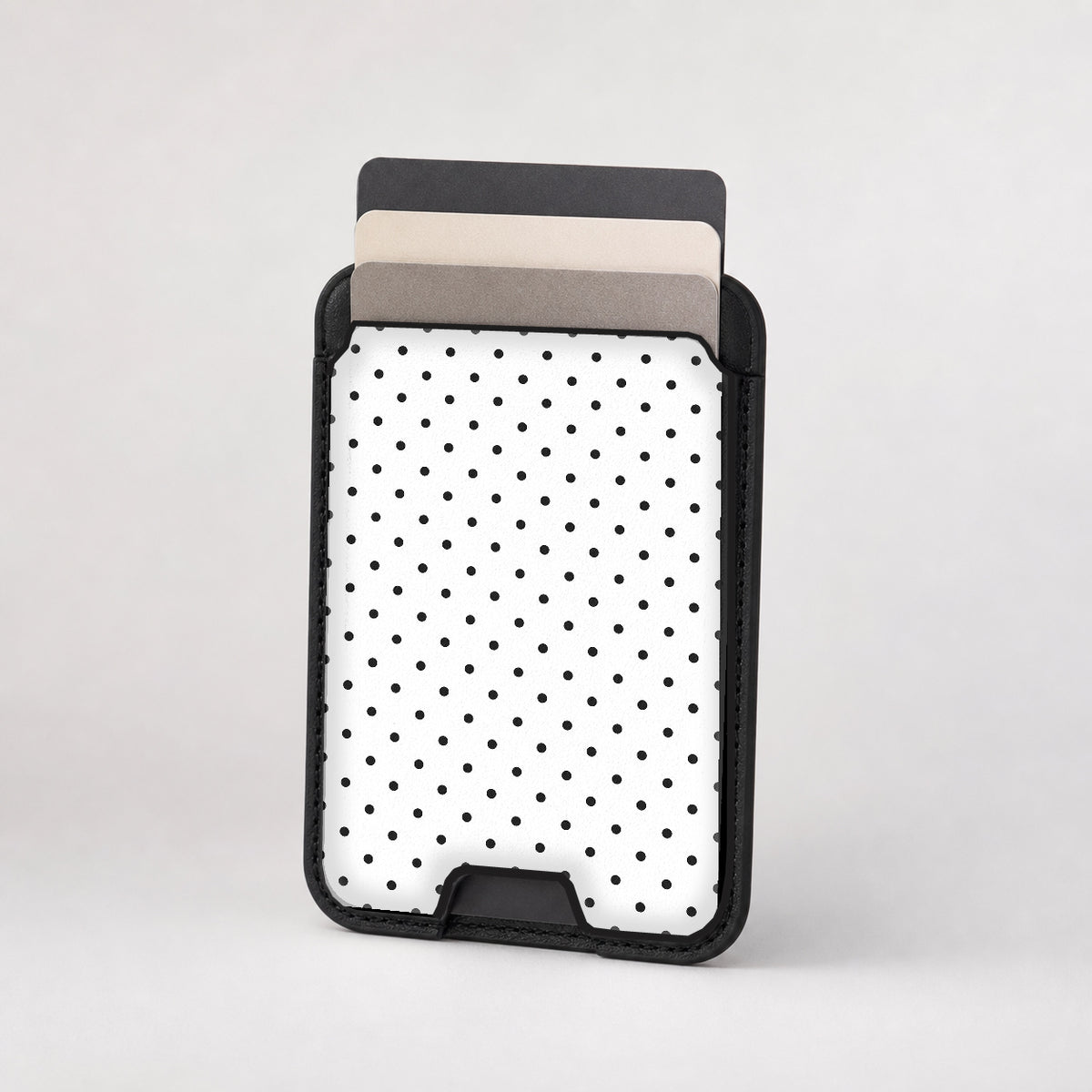 White Black Mini Polka Dot MagSafe card holder showing the patterned front