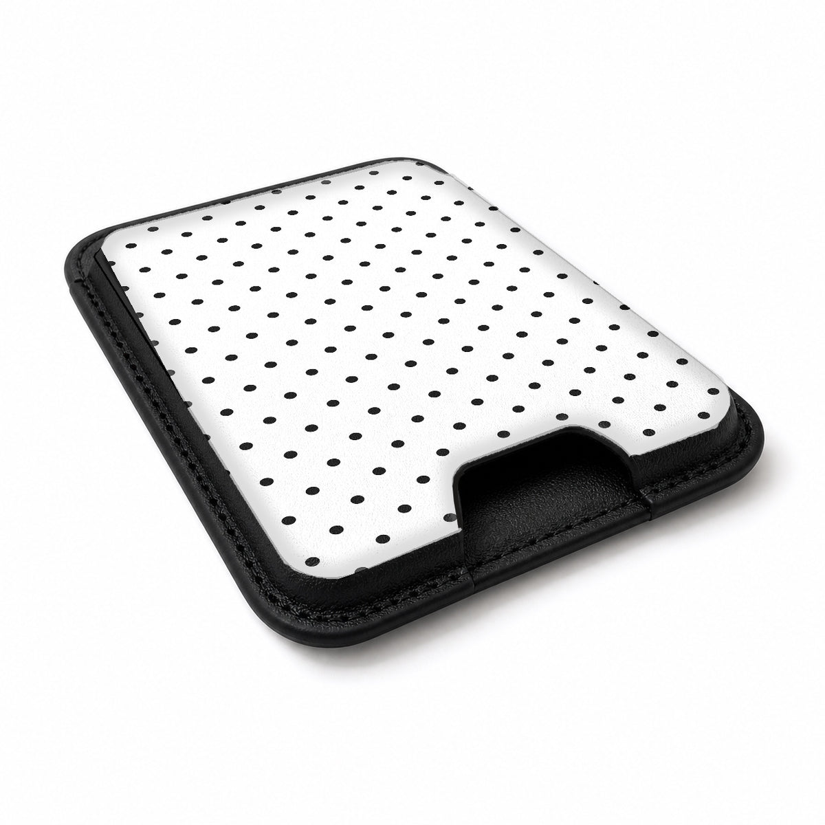 White Black Mini Polka Dot MagSafe card holder showing the angled leather surface