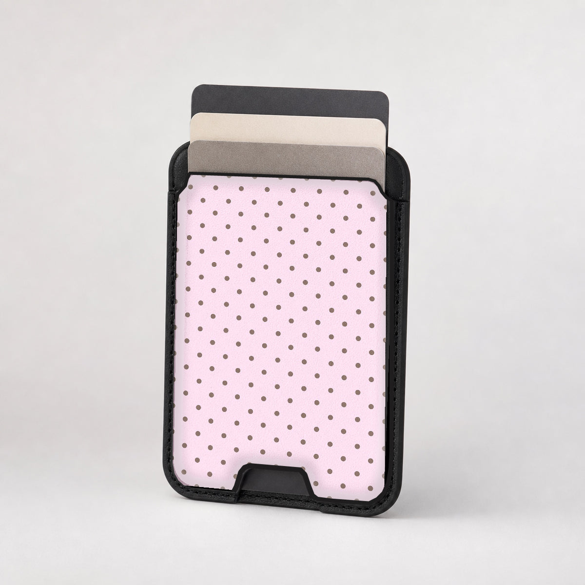 Blush Pink Mini Polka Dot MagSafe card holder showing the patterned front